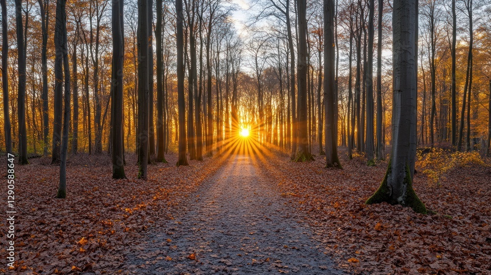 Fototapeta premium Autumnal sunbeam path through woodland