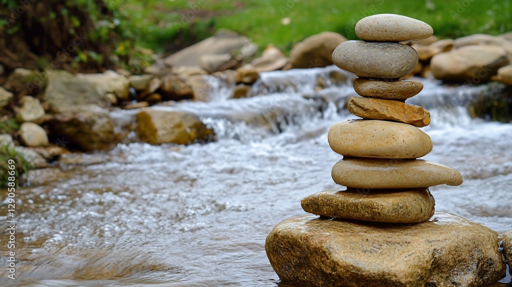 Balanced stones by a flowing stream. Balanced stones by a flowing stream.