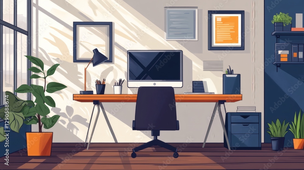 Fototapeta premium Modern Workspace with Plants, Desk, Computer and Shelves in Bright Room