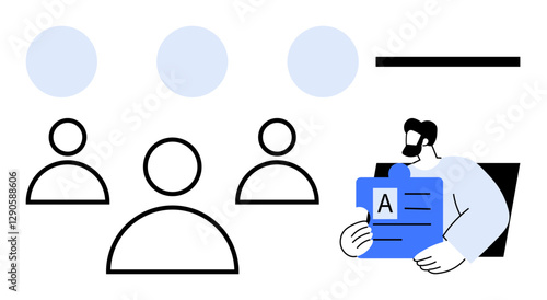 Man holding clipboard with profile surrounded by abstract icons of team members and selection steps. Ideal for HR, recruitment, hiring, teamwork, organization, analytics, abstract line flat metaphor