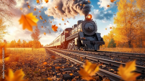 Vintage steam train travels through autumn landscape at sunset.
