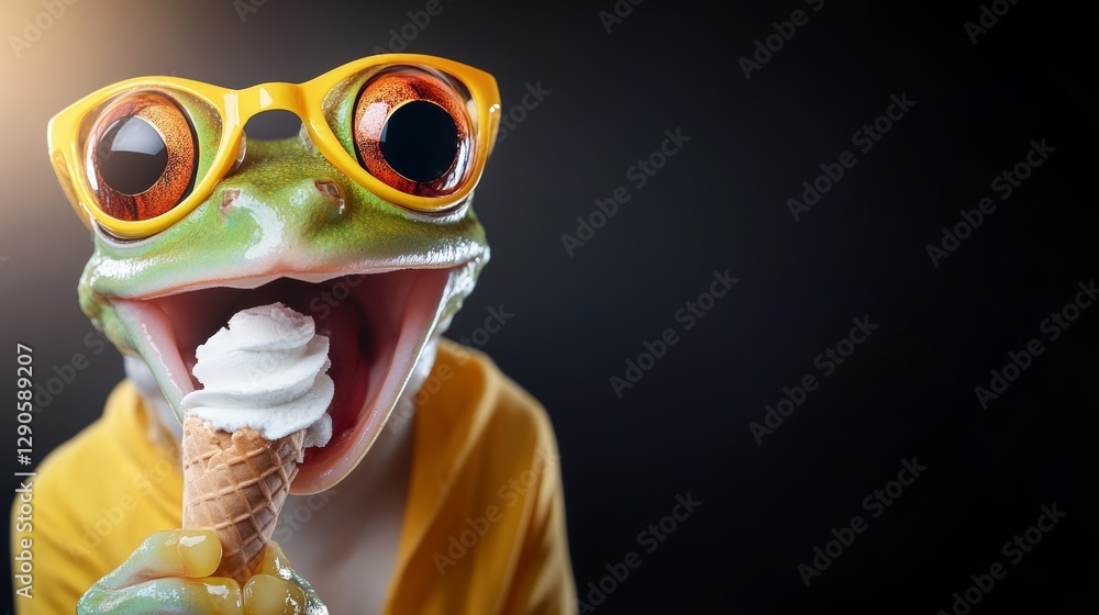 Frog wearing sunglasses and a yellow shirt is eating an ice cream cone. The frog is smiling and he is enjoying the treat Frog wearing sunglasses and a yellow shirt is eating an ice cream cone. The frog is smiling and he is enjoying the treat