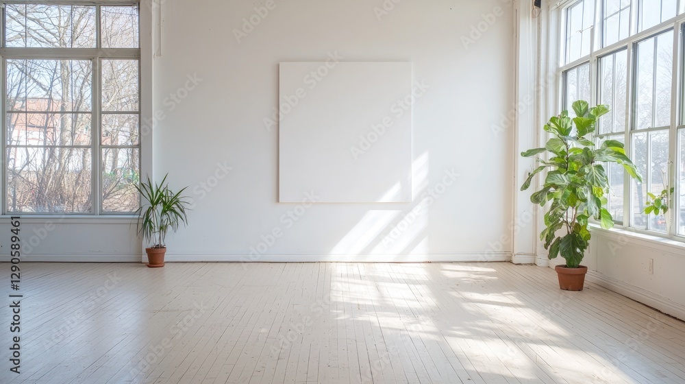 Fototapeta premium Sunlit empty art studio, blank canvas, plants