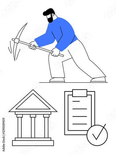 Worker mining with pickaxe, government columns symbolizing regulation, and checklist for compliance. Ideal for governance, labor, approvals, regulations, mining, bureaucracy abstract line flat