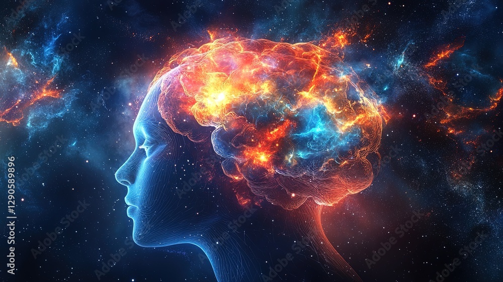 Obraz premium Futuristic abstract design with neural links, glowing brain activity, and radiant cosmic light