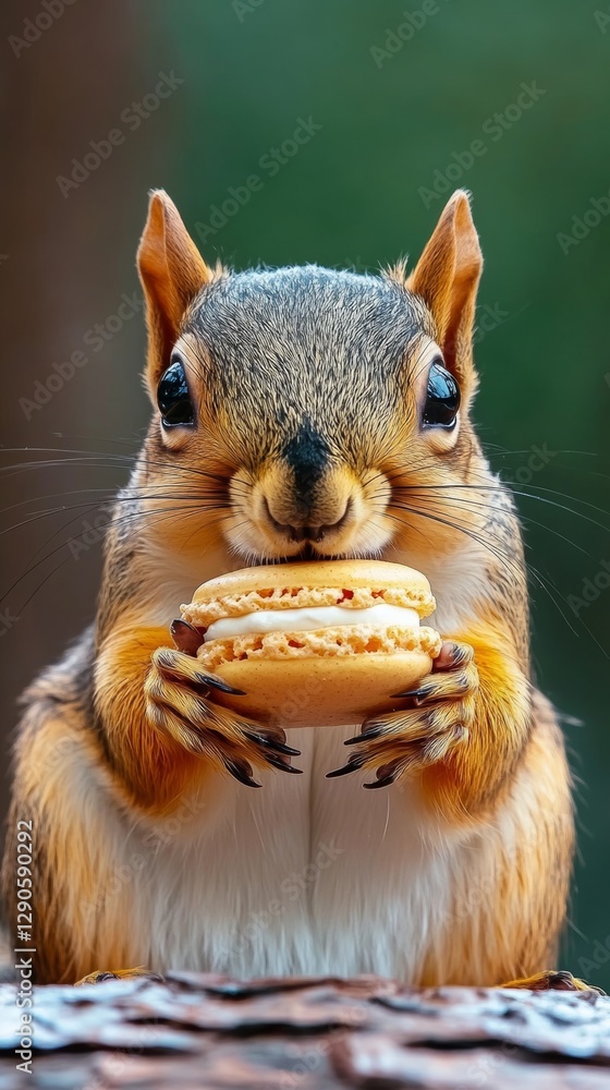 Obraz premium Squirrel is holding a pastry in its mouth. Concept of curiosity and playfulness, as the squirrel seems to be enjoying its snack