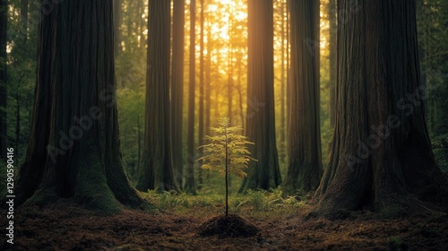 A young sapling stands alone in a majestic redwood grove, surrounded by towering giants, showcasing the beauty of nature and the promise of new beginnings amidst stillness.