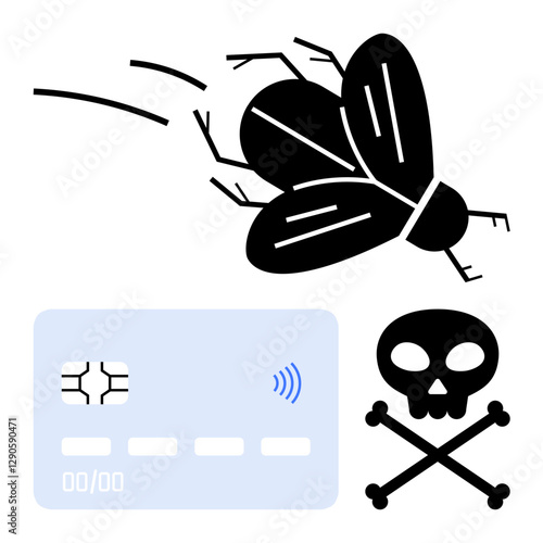 Flying bug, skull with crossbones, and credit card highlight data breaches, malware, and online security risks. Ideal for fraud prevention, hacking, phishing, tech safety impact analysis digital