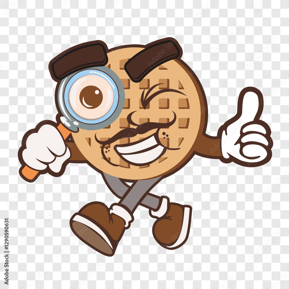 Waffle character looking through magnifying glass. Vector illustration of waffle man. Simple vector. EPS 10 Waffle character looking through magnifying glass. Vector illustration of waffle man. Simple vector. EPS 10