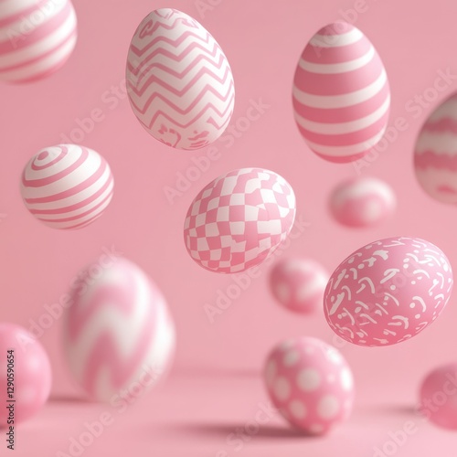 Colorful patterned Easter eggs on pink background in motion