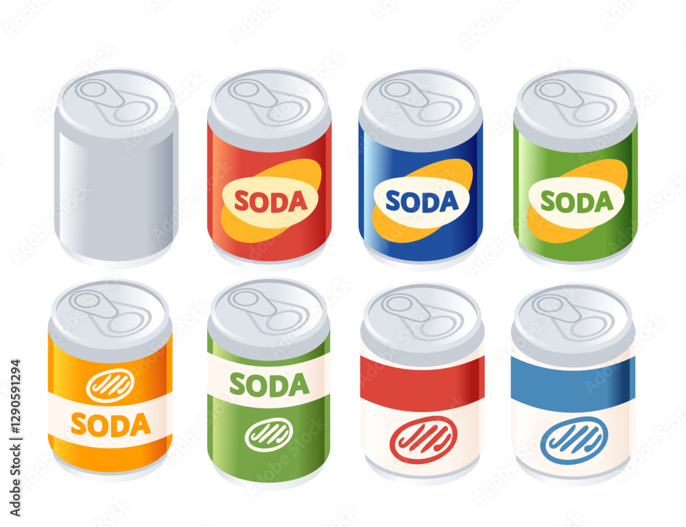 Isometric collection of soda cans with colored labels. Red, blue, green, and yellow beverage containers. Various soft drinks. Different flavored carbonated beverages. Vector illustration isolated Isometric collection of soda cans with colored labels. Red, blue, green, and yellow beverage containers. Various soft drinks. Different flavored carbonated beverages. Vector illustration isolated