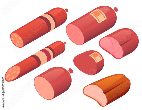Large sausage set. Halved salami pieces. Small pepperoni sausages. Red cured meats. Processed protein foods. Grocery store. Isometric collection. Vector illustration isolated on white background