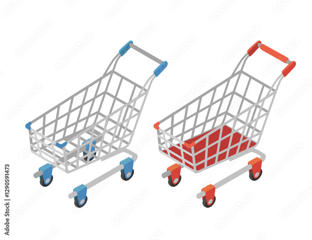 Set of two isometric steel shopping cart with blue and red handle. Metal grocery carrier. Supermarket equipment. Four-wheeled basket. Retail shopping tool. Vector illustration isolated on white Set of two isometric steel shopping cart with blue and red handle. Metal grocery carrier. Supermarket equipment. Four-wheeled basket. Retail shopping tool. Vector illustration isolated on white