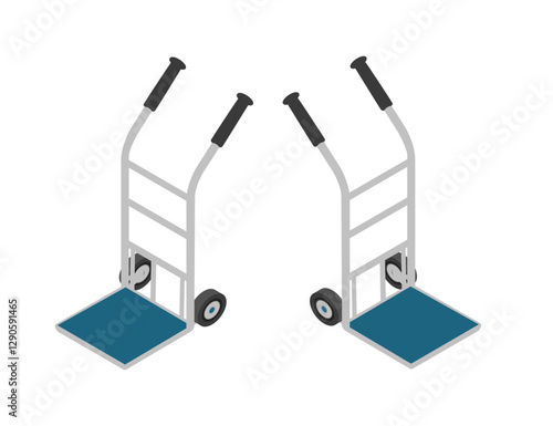 Isometric steel platform warehouse cart. Metal wheeled trolley. Brown dolly cart. Metal L-shaped moving equipment. Logistics warehouse equipment. Vector illustration isolated on white background