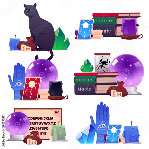 Set of illustrations with magic items for fortune telling and esotericism on isolated background.