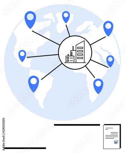 Industrial hub linking global locations on a world map with blue markers, document indicating business or agreement. Ideal for logistics, supply chain, globalization, teamwork, communication, trade