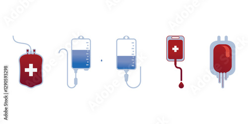 infusion icon, blood donation. Infusion Icon. Medical clinic healthcare treatment of patient symbol. Vector set of liquid fluid plasma blood donation plastic bag or tube. Flat outline of hospital