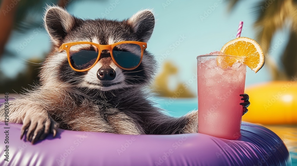 Fototapeta premium Raccoon is sitting in a pool with a pink drink and sunglasses on. The scene is playful and lighthearted, with the raccoon looking like it's having a good time
