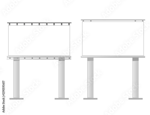 Metal billboard structures with empty display panels. White rectangular advertising frames. Double-posted signs with horizontal beams. Outdoor marketing displays. Roadside advertising structures