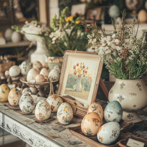 Vintage Easter marketplace with handpainted eggs and floral decorations