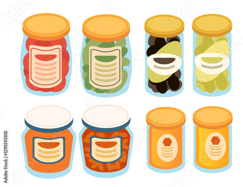 Glass jars with colorful contents. Preserved food containers with orange lids. Jam, honey, pickles, and spreads. Pantry storage containers. Canned preserves with various colors. Vector illustration