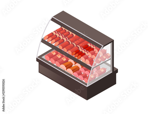 Refrigerated display case with sausage set products. Glass-fronted cooler showcase. Halved salami pieces. Commercial meat storage unit. Retail equipment. Grocery store shelf. Isometric vector