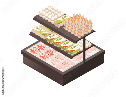 Refrigerated island display case with meat and eggs. Dual-level food showcase. Supermarket meat counter. Cooling unit with fresh products. Commercial display equipment. Isometric vector illustration
