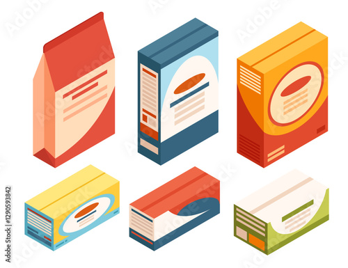 Packaged food boxes in various colors. Red, blue, orange, yellow rectangular packages. Cereal boxes. Grocery product containers. Cardboard food packaging. Isometric set. Vector illustration