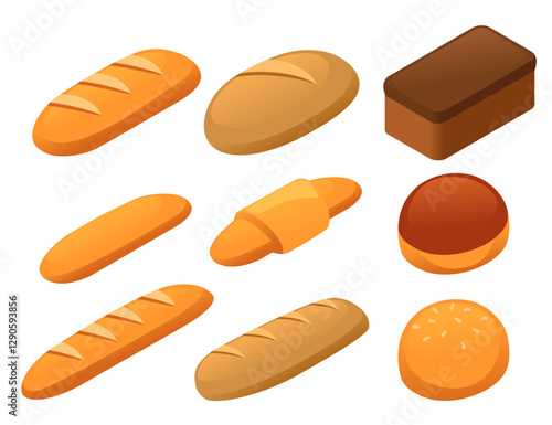 Isometric vector illustration. Bread and bakery products collection. Various shaped loaves and buns. Baguettes, rolls, round bread. Brown crusty breads. Wheat bakery items. Different bread types