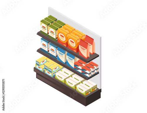 Isometry grocery store shelving unit. Multi-tier retail display with colorful products. Supermarket rack system. Store equipment with various packaged foods. Commercial merchandise display. Vector