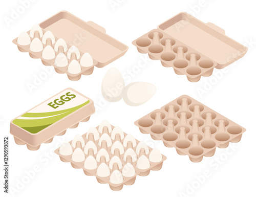 Egg cartons and trays in various configurations. Cardboard egg containers holding white eggs. Grocery store egg containers. Different egg storage options. Isometric set. Vector illustration