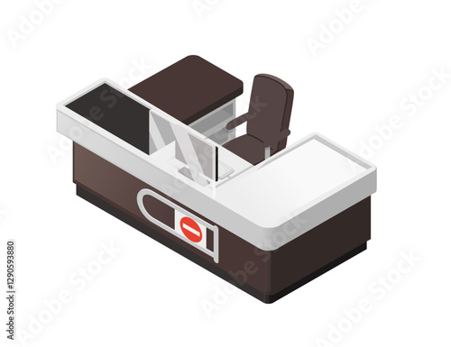 Isometric vector. Supermarket checkout counter with cash register. Retail point-of-sale station. Store cashier workstation with conveyor belt. Modern checkout terminal. Grocery store payment counter