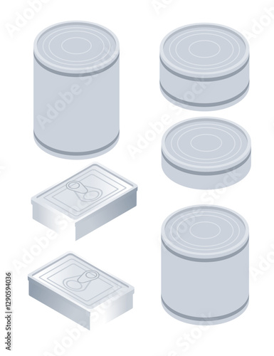 Isometric food packaging elements. Canned goods. Rectangular boxes. Cylindrical containers. Top and side perspectives. Preserved food. Storage items. Various shapes. Products mockup. Vector set