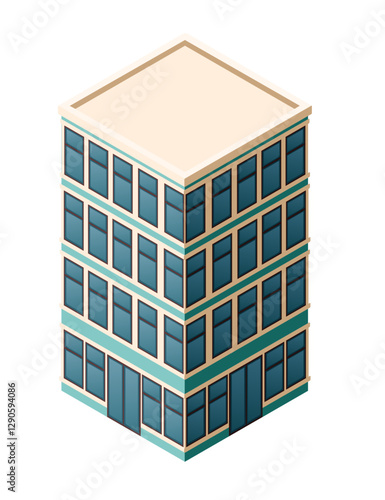 Modern teal and white office building in isometric view. Multi-story commercial tower with large blue-tinted windows. Corporate headquarters design. City business center. Vector illustration