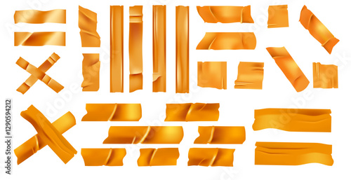 Golden ribbons and tape pieces. Various shapes and cuts. Adhesive strips. Cross marks. Straight lines. Decorative elements. Design elements. Different lengths textile. Bright yellow color. Vector set