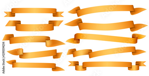 Gold ribbon banners collection. Different lengths and shapes. Decorative elements. Title placeholders. Satin-like realistic texture. Vector illustration isolated on white