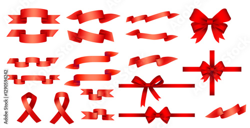 Red ribbon collection. Decorative bows. Gift wrapping elements. Various styles. Flowing designs. Celebration decorations. Present accents. Vector illustration set isolated on white