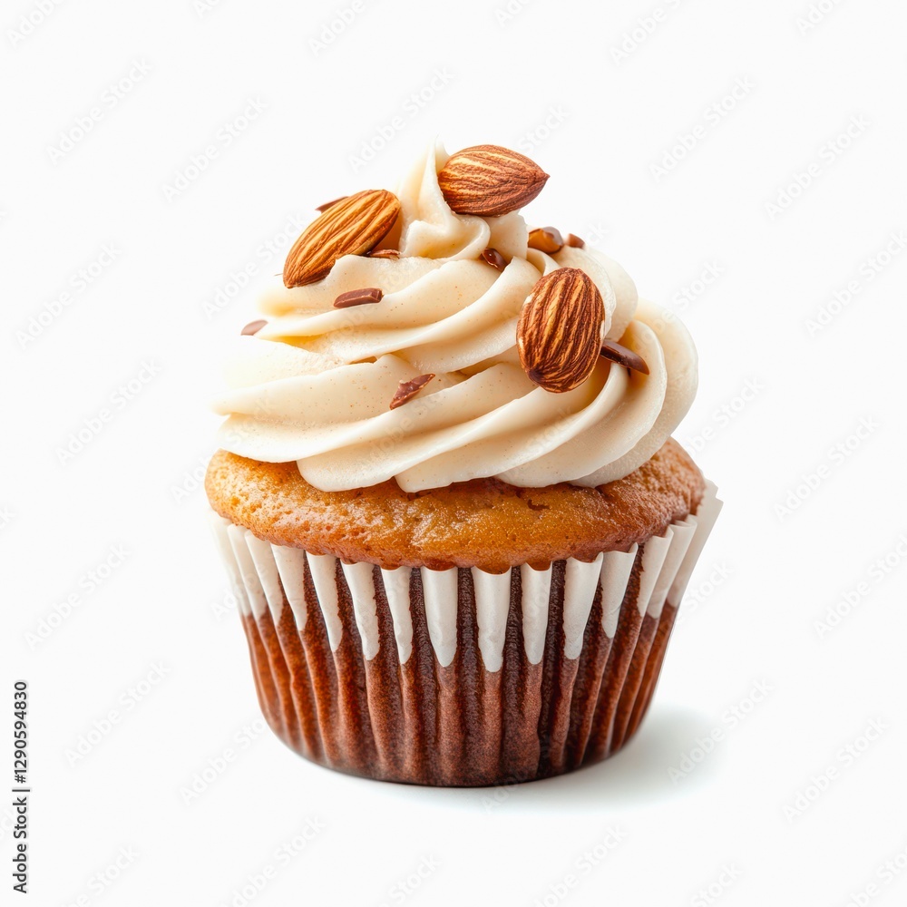 Cupcake with whipped cream frosting sprinkled with almonds isolated on white background. Cupcake with whipped cream frosting sprinkled with almonds isolated on white background.