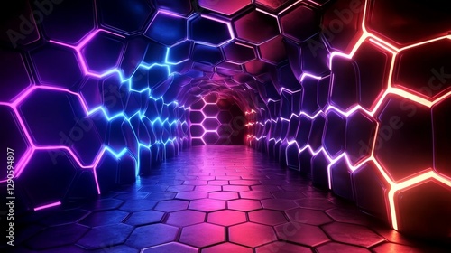 Neon Hexagon Tunnel 3D Rend...