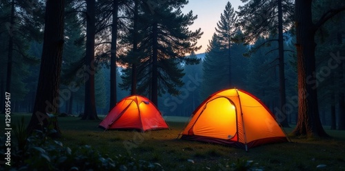 Two tents nestled in a tranquil forest at dusk, bathed in soft light , orange, serene, fire