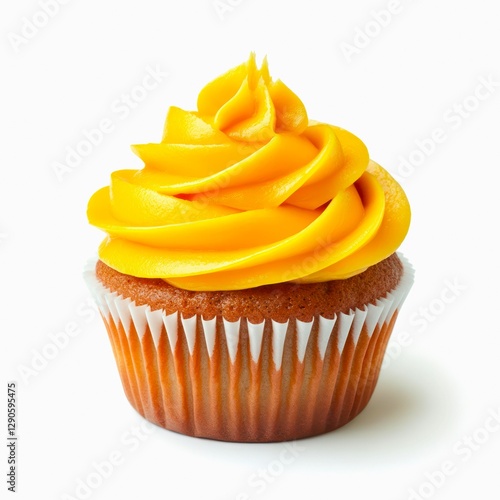 Vanilla cupcake with yellow whipped cream frosting isolated on white background.