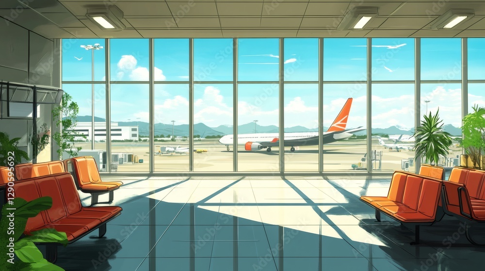 Modern Airport Terminal with View of Runway and Airplane Outside