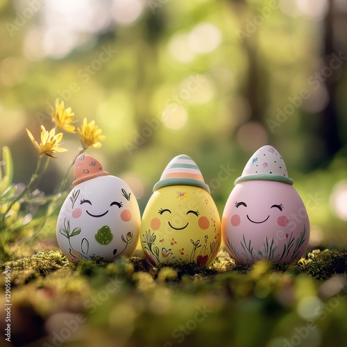 Handpainted Easter eggs with faces nature setting pastel colors