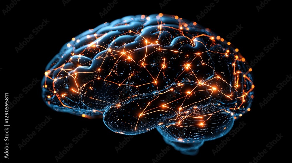 Conceptual design of a human brain, interconnected with glowing neural pathways and light beams Conceptual design of a human brain, interconnected with glowing neural pathways and light beams