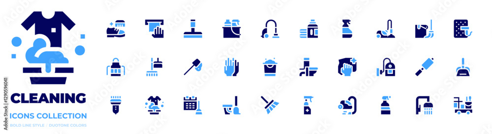 Cleaning icon collection. Bold style. Duotone colors. window cleaner, mattress, glass cleaner, toilet, cleaning spray, detergent, broom, brush, wipe Cleaning icon collection. Bold style. Duotone colors. window cleaner, mattress, glass cleaner, toilet, cleaning spray, detergent, broom, brush, wipe