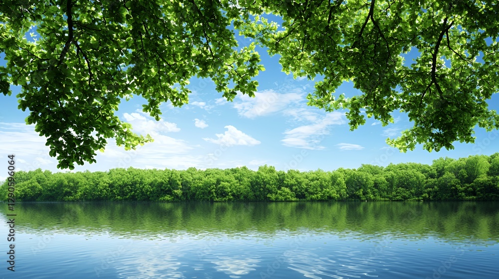 Serene Summer Lake Landscape with Lush Green Trees and Blue Sky Serene Summer Lake Landscape with Lush Green Trees and Blue Sky