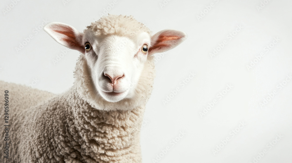 Obraz premium Cute sheep looking at camera with friendly expression, showcasing its fluffy wool and bright eyes. This charming animal brings joy and warmth to any setting