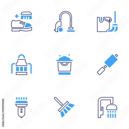 Cleaning icon set. Bold line style. Duotone colors. broom, brush, lint roller, vacuum cleaner, cleaning bucket, steamer, shower, cleaning, apron