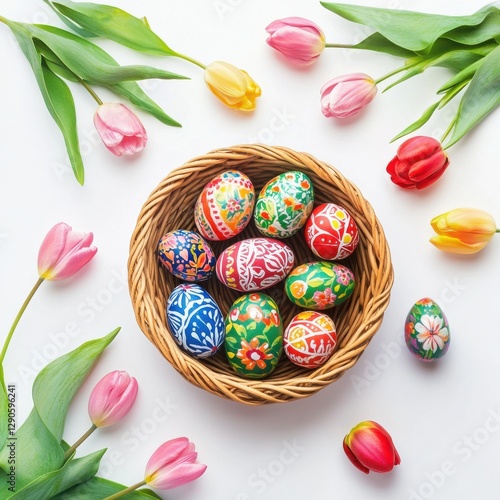 Vibrant handpainted Easter eggs in basket with tulip flowers