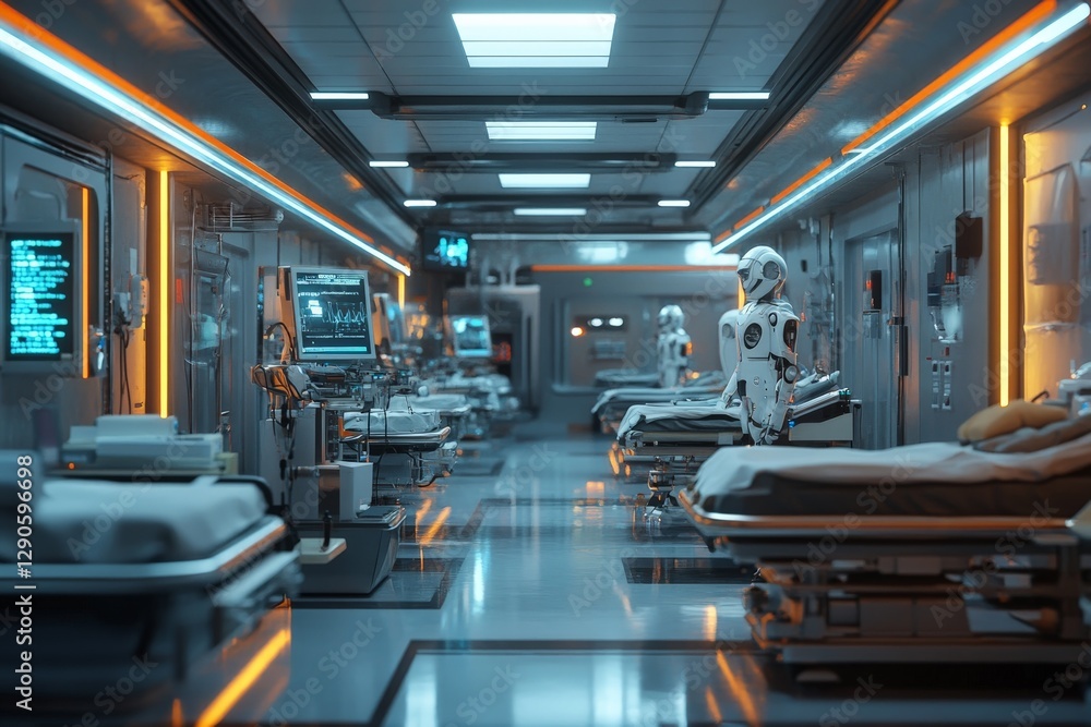 Futuristic hospital corridor showcasing advanced technology and robotic assistance in healthcare during a night shift Futuristic hospital corridor showcasing advanced technology and robotic assistance in healthcare during a night shift